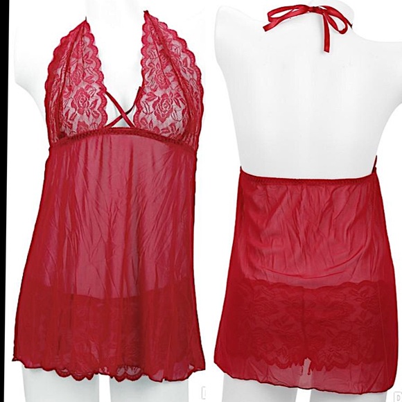 Plunge Neck Red Lace Babydoll w/ Matching Bottoms - Picture 2 of 5